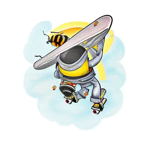 radical bumble bee grabbing a skateboard in the air tattoo design idea