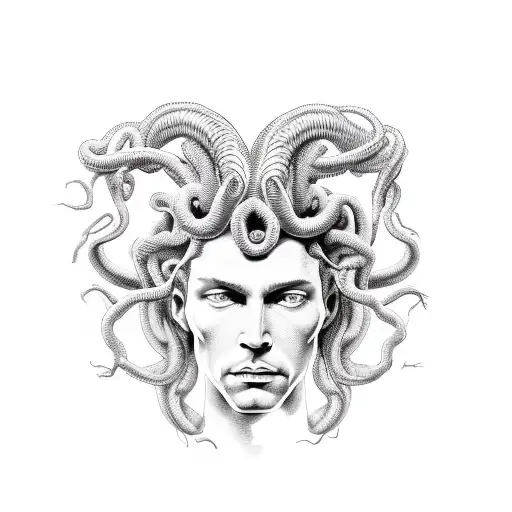 Medusa full body holding male heads tattoo design idea