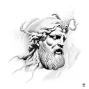 zeus with thunderbolt in hand and lightning around him tattoo design idea