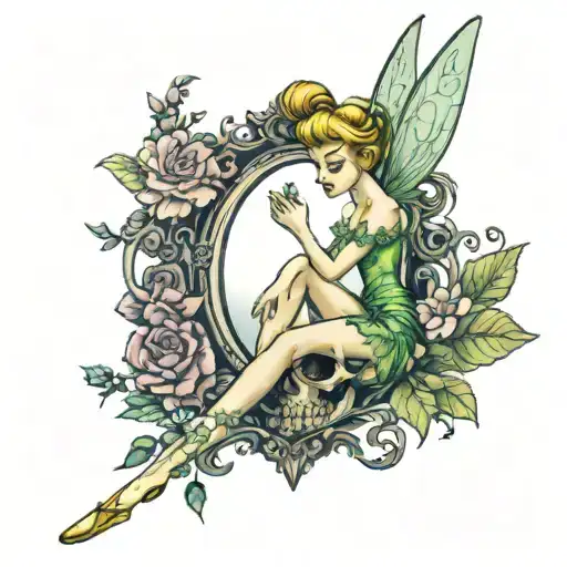 vintage tinkerbell standing on hand mirror reflection with words "pretty vicious" tattoo design idea