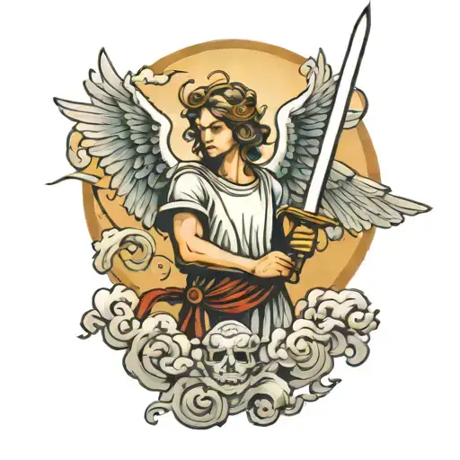 angel holding long sword true the cloud and sun   tattoo design idea