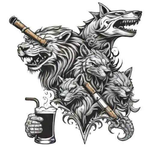 A group of predators (lion, shark, wolf) smoking cigars and drinking from a flask tattoo design idea