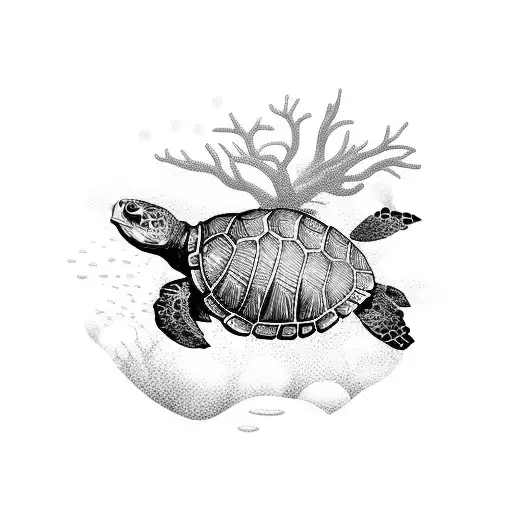 A serene underwater scene with turtles and colorful coral reefs tattoo design idea