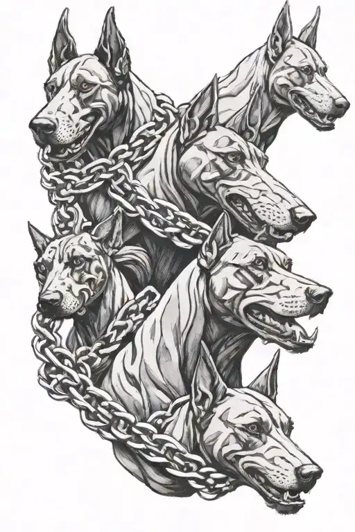 A man with an athletic build and no face holds three fierce Dobermans on a chain tattoo design idea