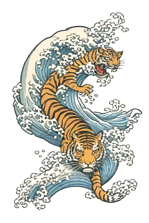 half sleeve includes great wave of kanagawa tiger and the lotus  tattoo design idea