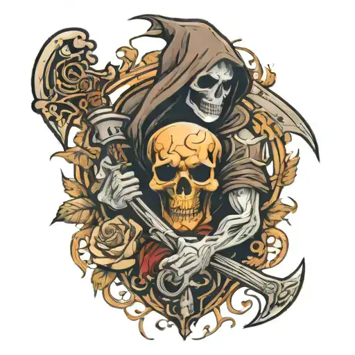 Death with a scythe holds a scorched corpse tattoo design idea