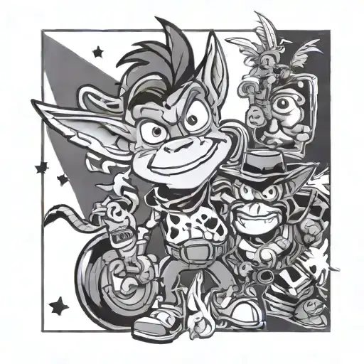 toy story, crash bandicoot, leon, buho, guacamaya  tattoo design idea