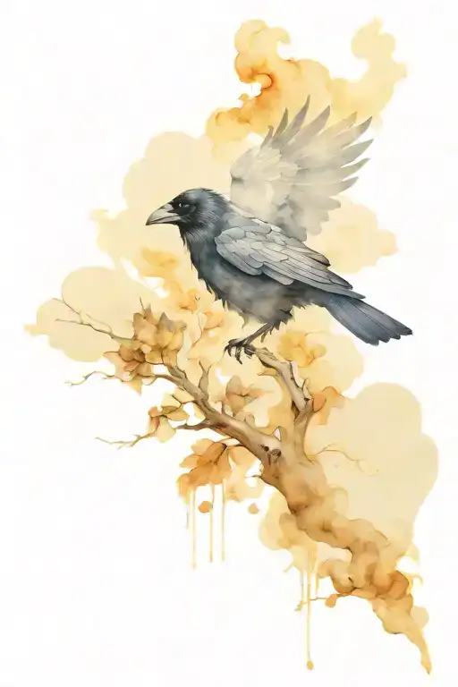 wisp of smoke turns into raven flying tattoo design idea
