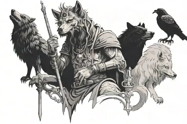 one sits on the throne, he has one eye missing, next to him are two wolves and crows, and in his hand he has a spear tattoo design idea