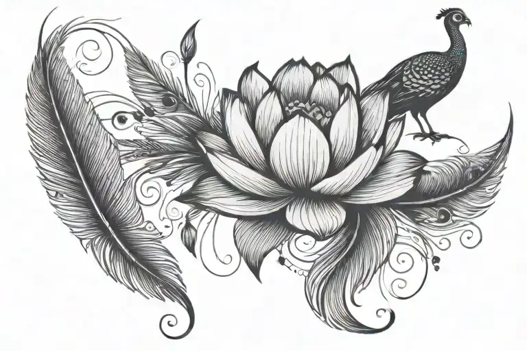 lotus flower and peacock feather intertwined tattoo design idea