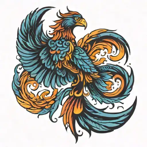 A vibrant phoenix rising from the ashes with wings resembling airplane wings, symbolizing your resilience as an entrepreneur and traveler tattoo design idea