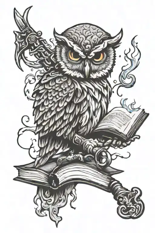 owl holding a cattle branding iron KW and a butchers knife on fire with and open book tattoo design idea