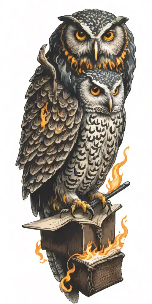 Owl holding a book on fire with a knife stored on back  tattoo design idea