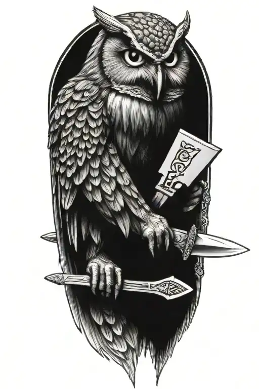 viking style owl holding butchers knife tattoo design idea