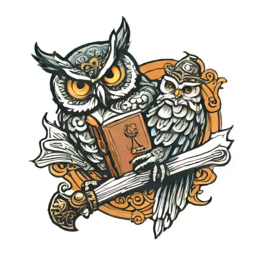 Owl reading an open book but holding a cattle brand and a butchers knife. has fire on the butchers knife and cattlebrand tattoo design idea