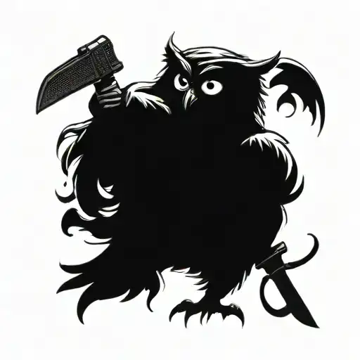 Owl holding a butchers knife and have an open book. have fire with a cattle brand in it tattoo design idea
