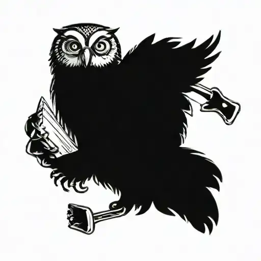 Owl holding a butchers knife and have an open book. have fire with a cattle brand in it tattoo design idea