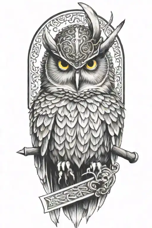 viking style owl with butchers knife tattoo design idea
