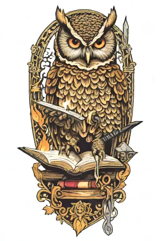 Owl reading with a viking style butchers knife reading a book on fire tattoo design idea