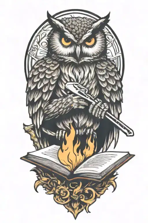 Owl reading an open book but holding a cattle brand on fire and a butchers knife on fire tattoo design idea