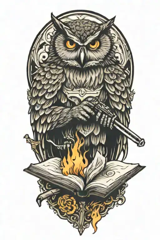 Owl reading an open book but holding a cattle brand on fire and a butchers knife on fire tattoo design idea