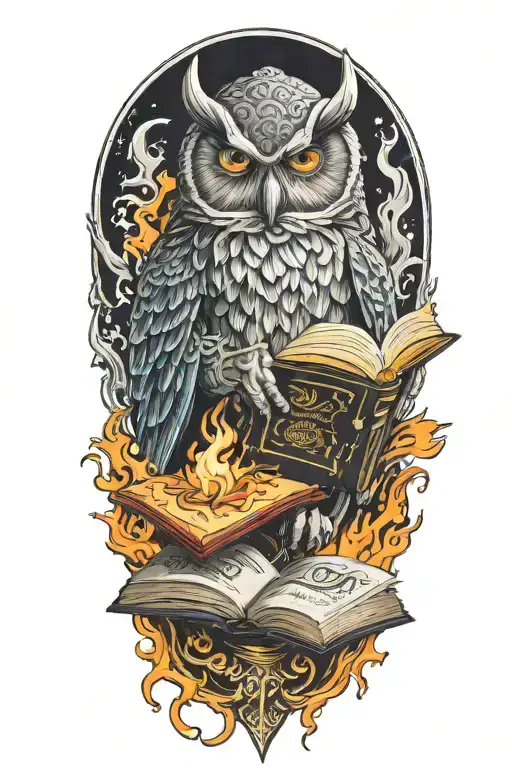 viking style owl with a book on fire tattoo design idea