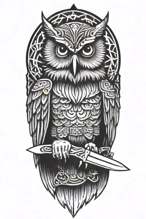 viking style owl holding butchers knife tattoo design idea