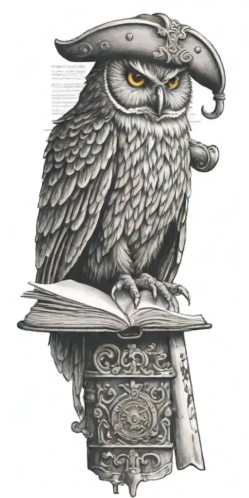 viking style owl reading and open book with a butchers knife behind tha back tattoo design idea
