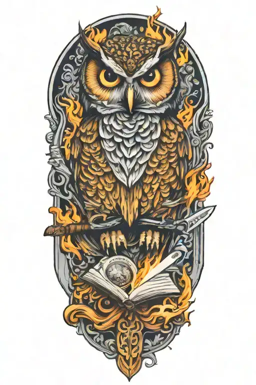 keltic style owl  butchers knife reading a book on fire tattoo design idea