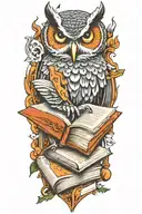 Owl, open book, butchers cleaver, Cattle brand and fire tattoo design idea