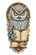 Owl, open book, butchers cleaver, Cattle brand and fire tattoo design idea