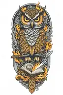 keltic style owl  butchers knife reading a book on fire tattoo design idea