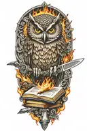 keltic style owl  butchers knife reading a book on fire tattoo design idea