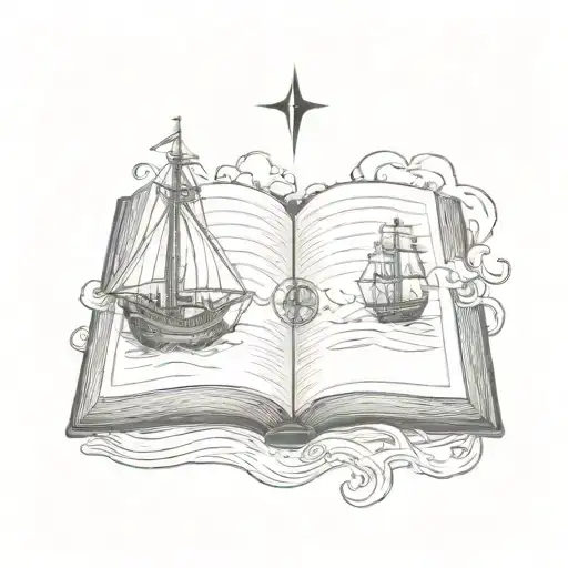 An open Bible holding a ship sailing through treacherous waters and a compass tattoo design idea