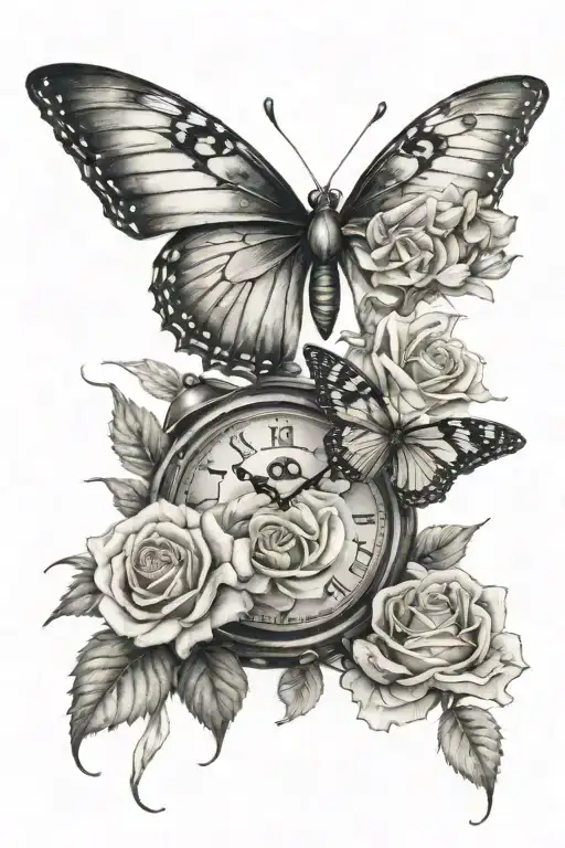 Roses, Clock, Butterfly tattoo design idea