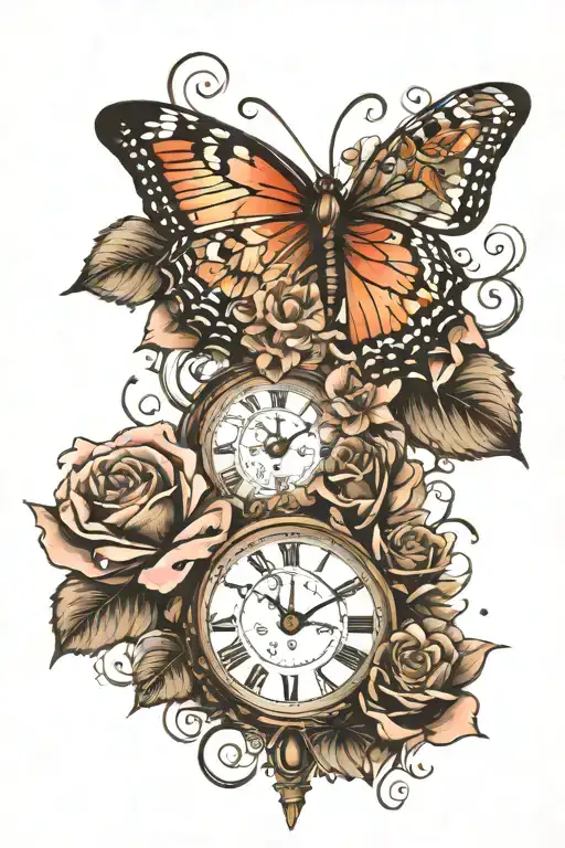 Roses, Clock, Butterfly tattoo design idea