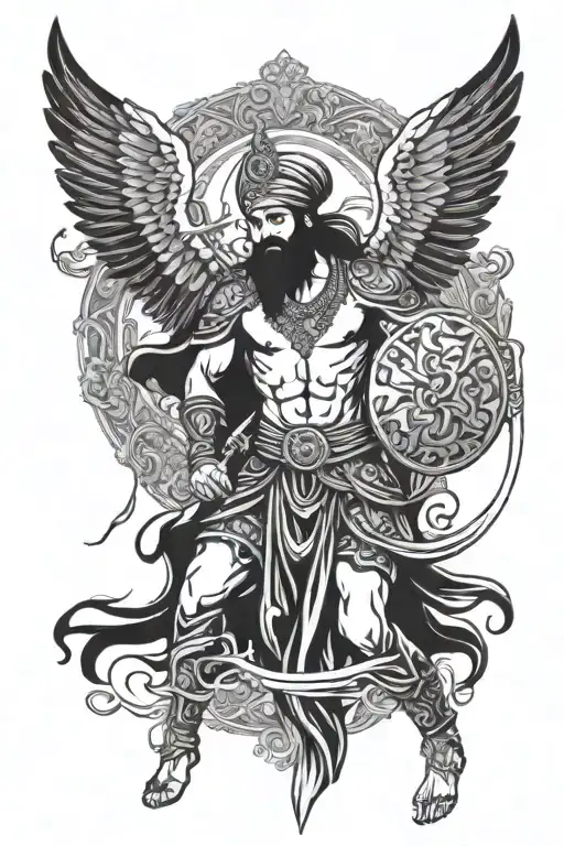 Sikh warrior with angel wings fighting demons morning glory tattoo design idea