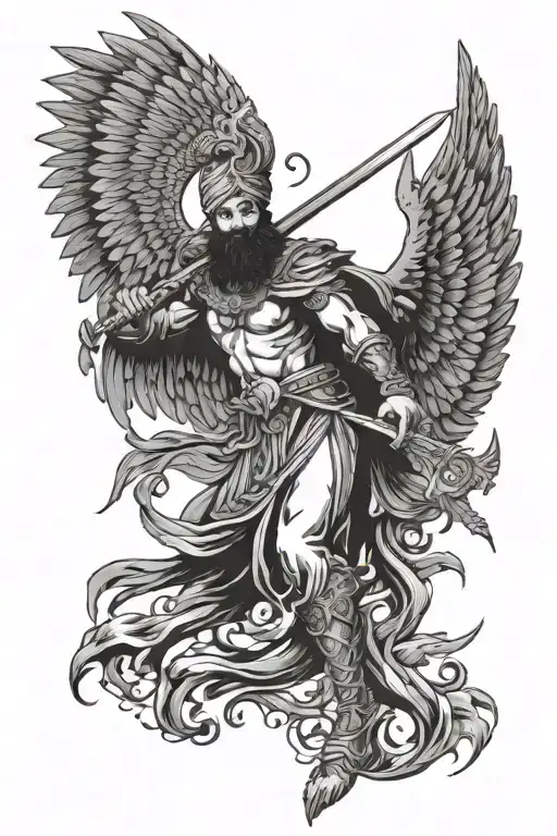 Sikh warrior with angel wings fighting demons tattoo design idea