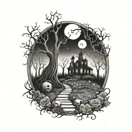 A unique design combining Jack Skellington and Sally in a hauntingly beautiful scene, set in a graveyard surrounded by eerie trees tattoo design idea