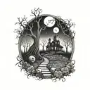 A unique design combining Jack Skellington and Sally in a hauntingly beautiful scene, set in a graveyard surrounded by eerie trees tattoo design idea