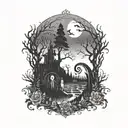 A unique design combining Jack Skellington and Sally in a hauntingly beautiful scene, set in a graveyard surrounded by eerie trees tattoo design idea