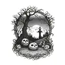 A unique design combining Jack Skellington and Sally in a hauntingly beautiful scene, set in a graveyard surrounded by eerie trees tattoo design idea