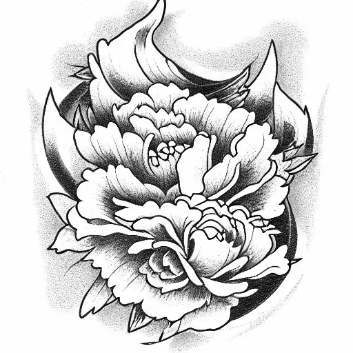 guy demon and girl angel on the background of peonies tattoo design idea