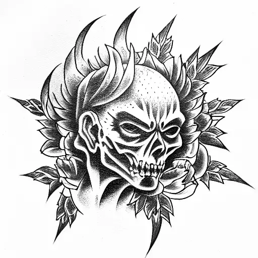 guy demon and devshua angel on the background of peonies tattoo design idea