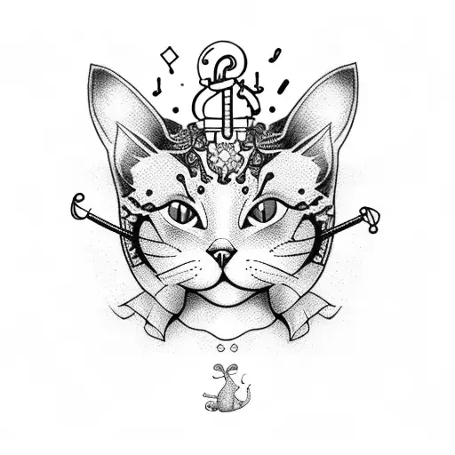 A dotwork tattoo of a nurse holding a cat and surrounded by musical notes tattoo design idea
