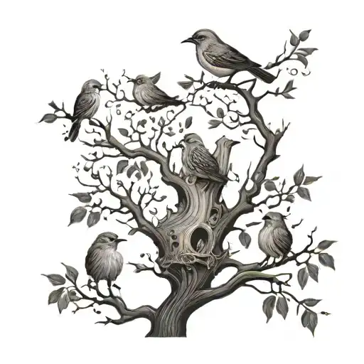 tree with 2 small birds perched and 2 large birds flying together tattoo design idea