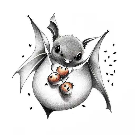 cute bat with coffee fruit tattoo design idea