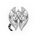 two cats on both sides of arm with their tails coming together to make a heart on hand tattoo design idea