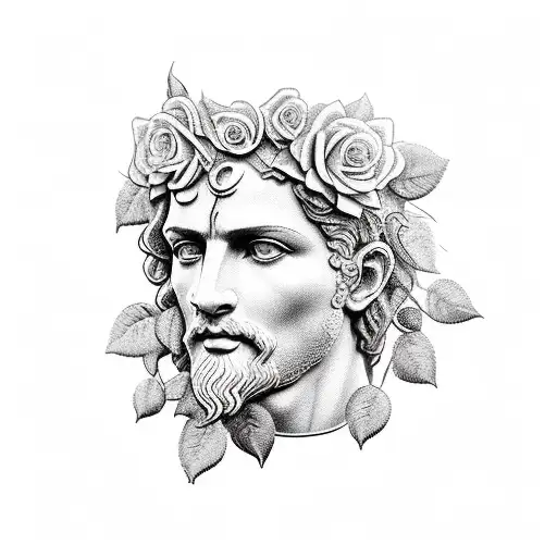 head to toe greek statue with vines of roses wrapped around him tattoo design idea