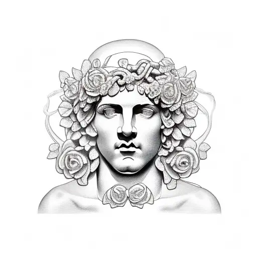 greek statue with vines of roses wrapped around him tattoo design idea